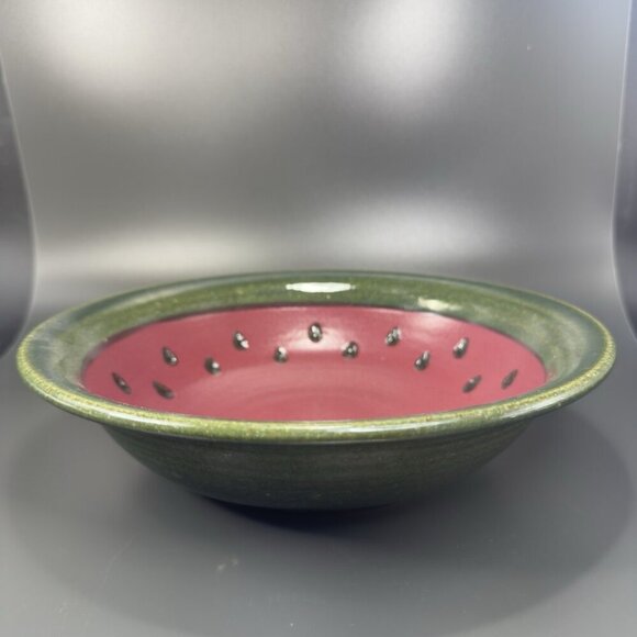 Hand Made Studio Art Pottery Deep Dish Bowl Watermelon Shaped Artist Signed VTG - Picture 9 of 15